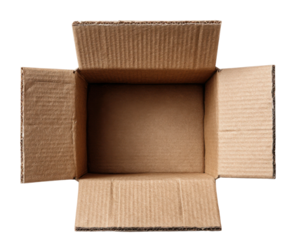 Unpacking a cardboard box home office product aerial view minimalist design isolated on transparent background