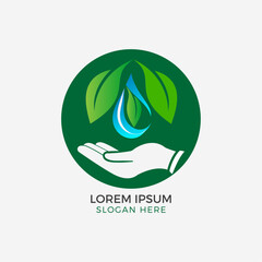 Obraz premium eco-friendly water care logo design with green leaves, water drop, and hand symbol for sustainability and environment