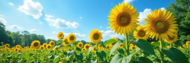 Fototapeta premium Giant sunflowers stretching towards the sky amidst lush green foliage and a clear blue summer sky, landscape, vibrant, field