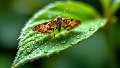 Fresh Green Leaf with Water Droplets and Butterfly on It