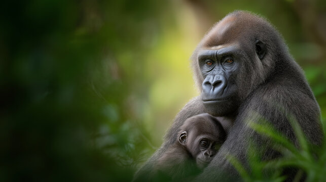 A Western lowland gorilla family in a jungle clearing
