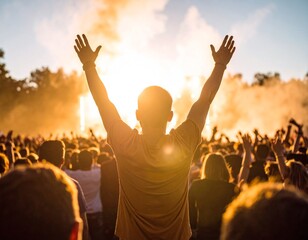 Man raising arms at music festival crowd during sunset