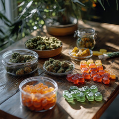 A table full of different types of cannabis products, joints, cannabis flower, chewing gum, and candy. Illustration