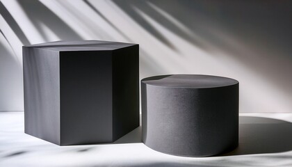 two dark gray geometric podiums on white background with sunlight and shadows