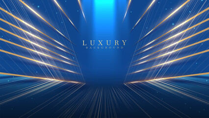 Empty blue stage scene with golden neon light lines. Luxury background design concept. Perfect for awards ceremony, celebrations and grand openings. Vector illustration.