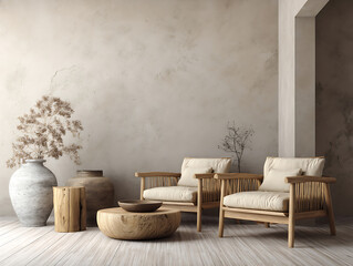 A luxurious interior design scene features an old-fashioned wooden armchair in a contemporary living room
