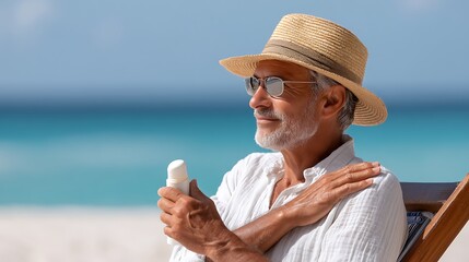 Man applying sunscreen on a beach wearing sunglasses and a hat with blue water in the background