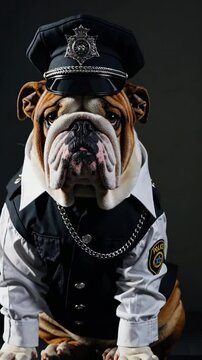 Bulldog in police uniform showcasing guard duty with charming authority and focused stance