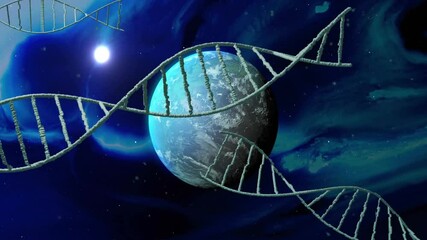 Scene starting 3D render DNA helix drifting second strand weaving around planet depicting genetics - Powered by Adobe