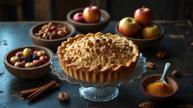 Delicious apple crumble pie on a glass cake stand, surrounded by bowls of fresh apples, nuts, and spices, creating a warm and inviting autumn dessert scene.