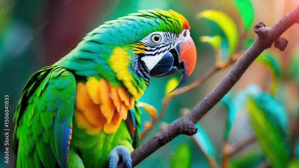Poster vibrant green and yellow parrot perched on a branch surrounded by lush foliage with intricate feathe