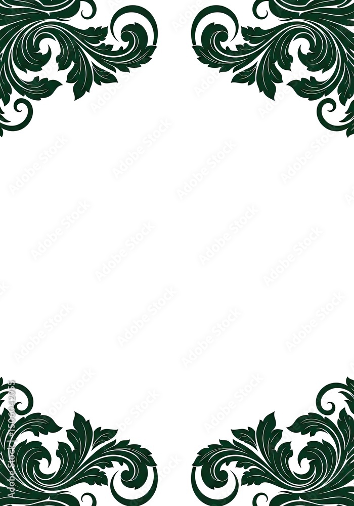 Poster decorative dark green corner floral frame with intricate leaf and swirl details arranged on a white 