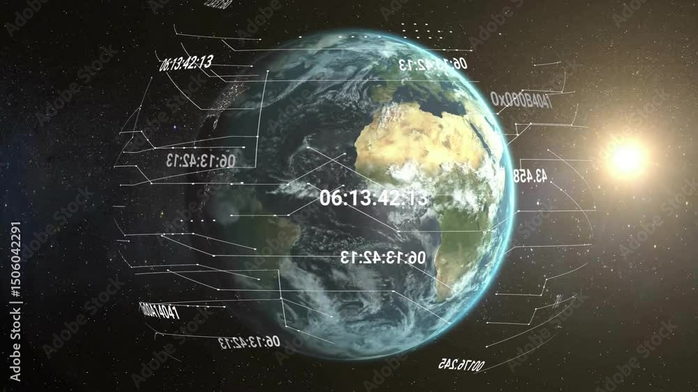 Poster sunlight appearing triggers earth rotating with data lines updating time stamps for global tracking