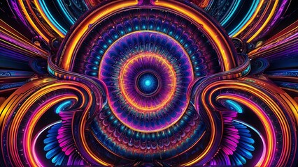 Vibrant Psychedelic Abstract with Neon Swirls and Futuristic Cosmic Elements