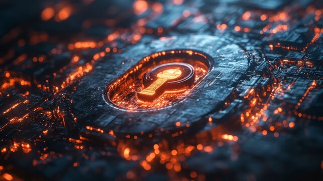 Glowing keyhole on a dark, textured surface emitting fiery, circuit-like patterns around it