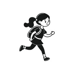 Cartoon Girl Running with Backpack Black and White Illustration Schoolgirl Running to School Vector Graphic Isolated on White