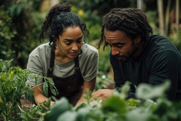 A couple with dark hair is carefully tending to plants in a lush garden, focusing on the task at hand with concentration.