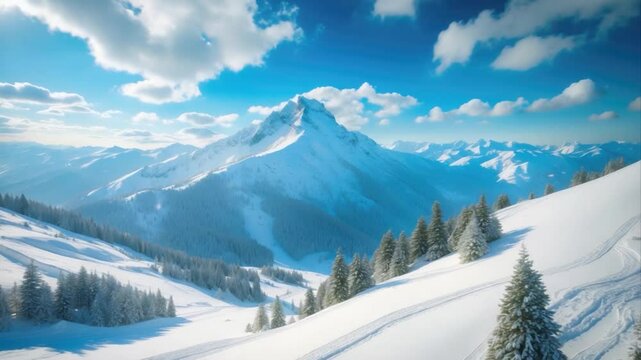Breathtaking winter landscape showcasing snow-capped mountains under a vibrant blue sky adorned with fluffy clouds, surrounded by a serene forest of evergreen trees.