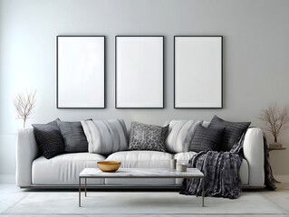 Modern living room interior with comfortable sofa, contemporary furniture, and stylish home decor
