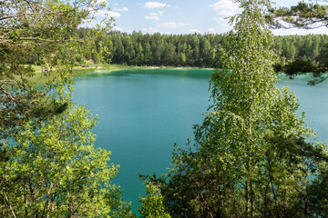 turquoise water lake surrounded by pine trees, top view.A beautiful summer day