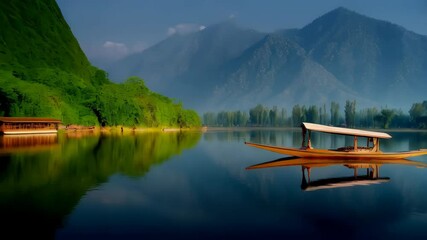 Scenic view of a traditional boat on calm lake surrounded by trees and mountains under hazy skies in a remote region, creating a serene and peaceful atmosphere