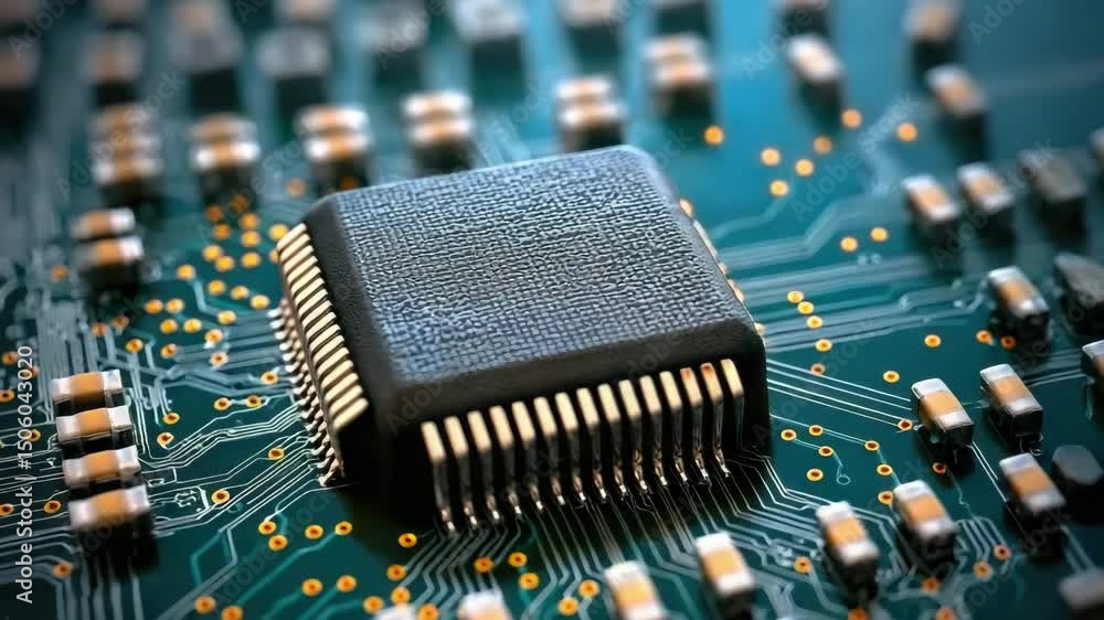 Aufkleber close-up of a microchip on a green circuit board, showcasing intricate details and electronic connec