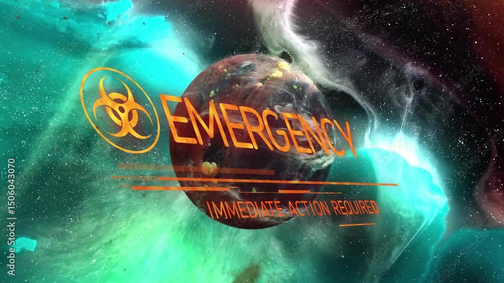 Poster fading biohazard emblem initiating scan while planet rotating and ebk morphing into emergency alert