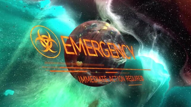 Fading biohazard emblem initiating scan while planet rotating and EBK morphing into EMERGENCY alert