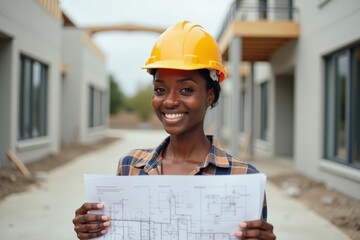 Confident African American female architect wearing hard hat and holding blueprints on construction site poses for portrait shot