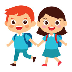 Cartoon School Kids Walking Together Holding Hands Ready to Learn and Wearing Backpacks Isolated on a White Background Illustration