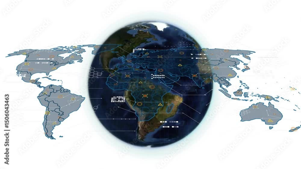 Poster map defining rotating 3d globe showing blue outlines and data overlays connecting continents