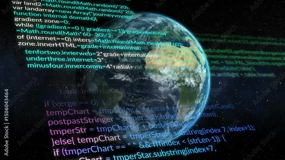 Poster opening star field showing earth globe, multicolor code appearing scrolling up, rotating globe