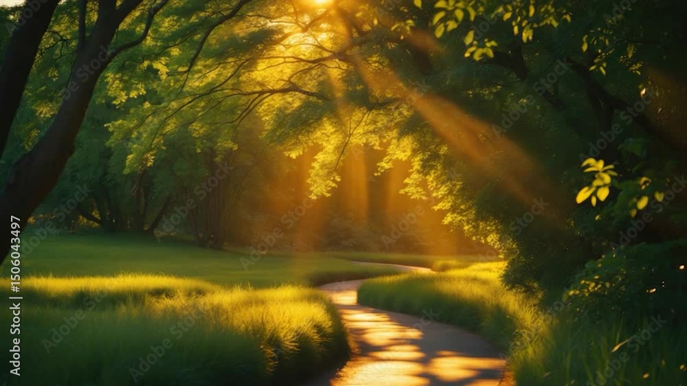 Poster sunlit forest pathway with rays of light and lush greenery casting soft shadows on a winding trail i