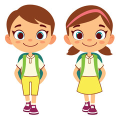 Cartoon School Children with Backpacks Ready to Learn Boy and Girl Smiling Isolated on White Background Vector Illustration