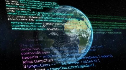 Opening star field showing Earth globe, multicolor code appearing scrolling up, rotating globe - Powered by Adobe