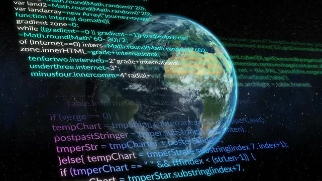Opening star field showing Earth globe, multicolor code appearing scrolling up, rotating globe