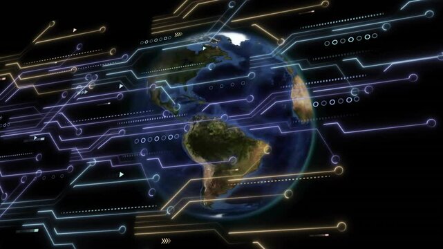 On start globe rotating westward with neon-blue gold circuits streaming and visualizing network