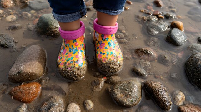 Close up of child's feet in floral rain boots standing in muddy water with rocks and pebbles around them