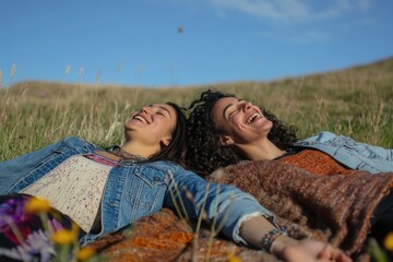 Two young women joyfully laughing while lying on a blanket in a grassy field under a clear blue sky.