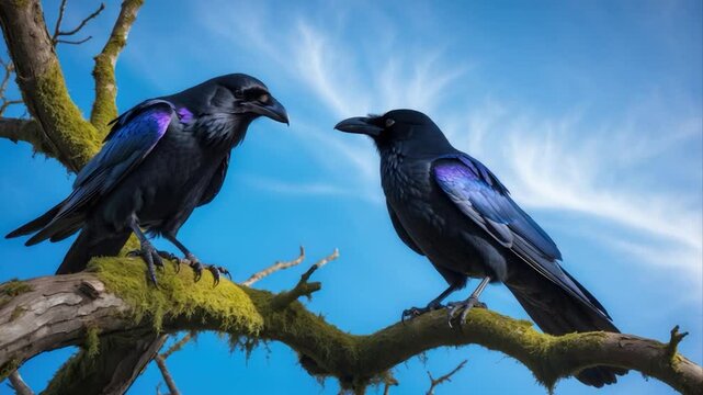 Two majestic ravens perched on a moss-covered branch, displaying striking black feathers with vibrant hints of purple, set against a bright blue sky with wispy clouds.