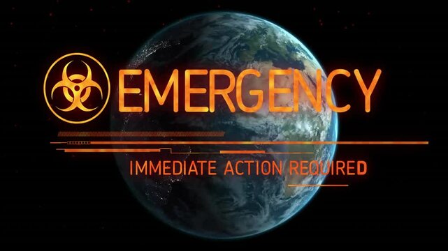 On hazard, 3D globe pulsing biohazard icon, morphing to EMERGENCY, glitching text requiring action