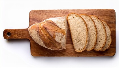 rustic sliced bread rests on wooden cutting board top view isolated on white background freshly baked artisan loaf captures rustic charm perfect for bakery or food blog visuals truly rustic