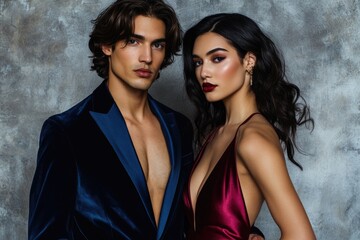 Elegant couple in formal attire, the man in a blue velvet blazer, the woman in a deep red gown, posing dramatically.