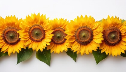 Fototapeta premium vibrant sunflowers aligned in a row showcasing their bright yellow petals and green leaves against a white background