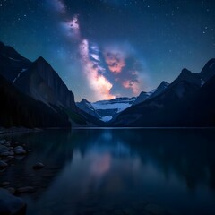 Celestial Reflection: The night sky, ablaze with stars and celestial wonders, mirroring the serene lake and majestic mountains, inviting viewers into the vastness and mystery of the universe.