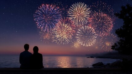 A couple watches fireworks over the ocean at night with a pink and purple sunset and a starry sky above them