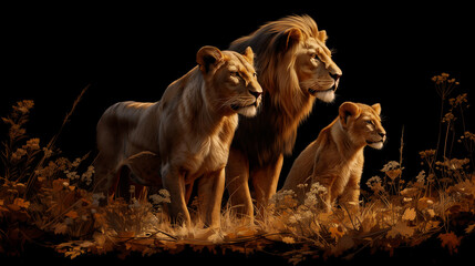 Family of lions with a lion, a lioness, and several cubs. Representing the strength, resilience, and love.