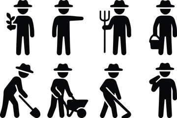 Minimal farmer silhouette icons performing gardening, planting, and agricultural work with tools and hats