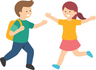 Fototapeta premium Cheerful Cartoon Children Running and Smiling Ready for School Wearing Backpack and Skirt Isolated on White Background Vector Illustration