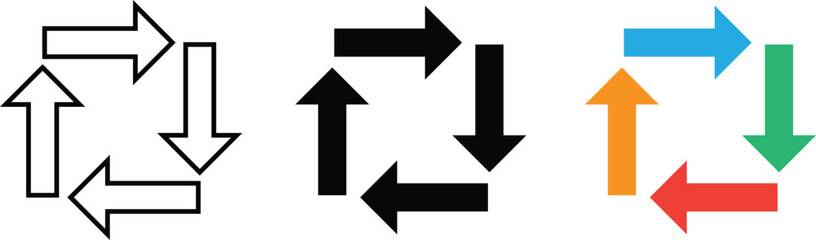 Recycle and process flow arrow symbols in different styles including flat, line, and multicolor icons